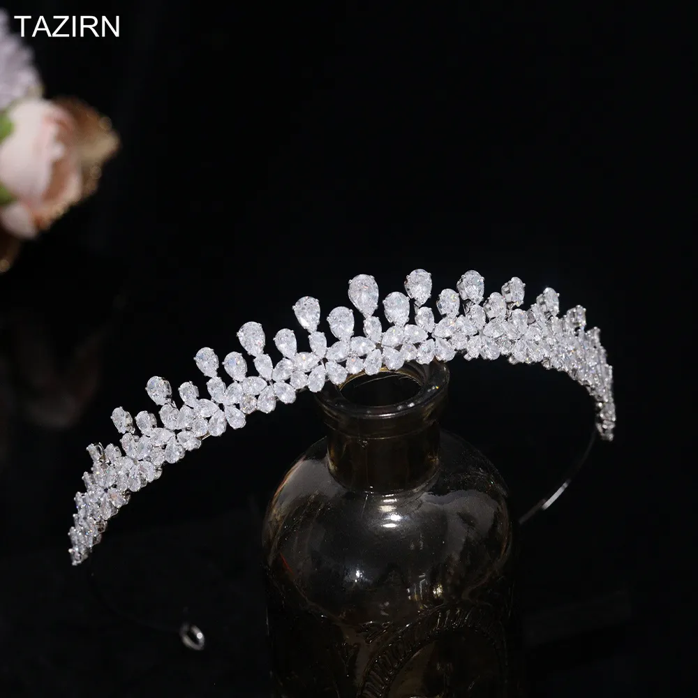 Bijoux TAZIRN Petites couronnes de mariée florales en zircone cubique Diadèmes faits à la main en CZ Coiffe de mariée Bal Fête d'anniversaire_voghion.com