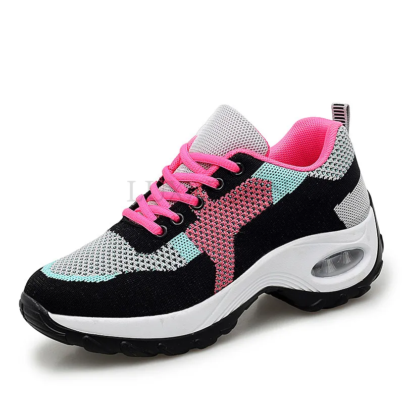 Mesh Air Cushion Cushioning Thick Sole High Heel Women Sports With Soft Lace Up Suitable For Outdoor Fiess Travel Shoes_voghion.com