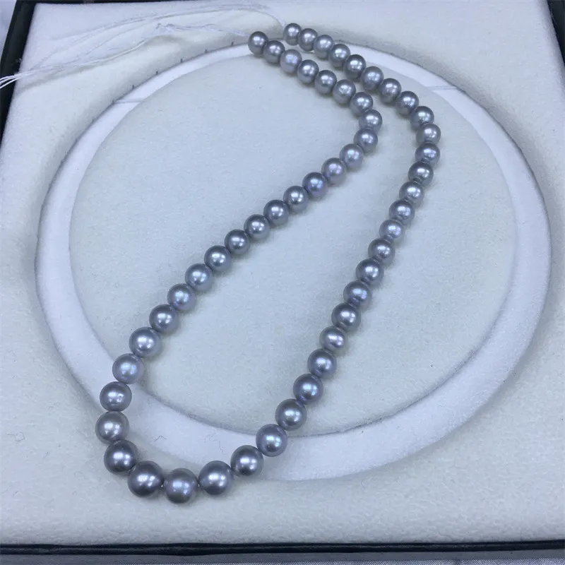 Collier de perles rondes grises authentiques naturelles de la mer du Sud de 18 pouces et 8 à 9 mm pour femmes, bijoux ras du cou_voghion.com