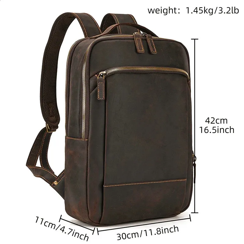 Vintage Mens Crazy Horse Leather genuine leather Retro Rucksack Large Classic Travel Backpack Big laptop computer bag_voghion.com