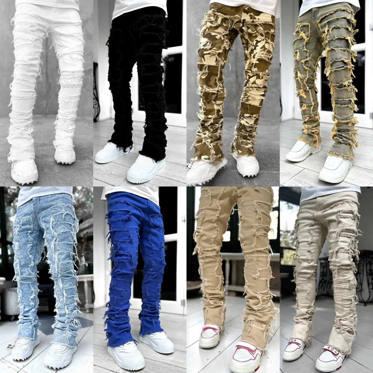 Men's 2024 men's Regular Stacked Jeans Ripped Slim Fit Patch Distressed Destroyed Straight Denim Pants Hip Hop_voghion.com