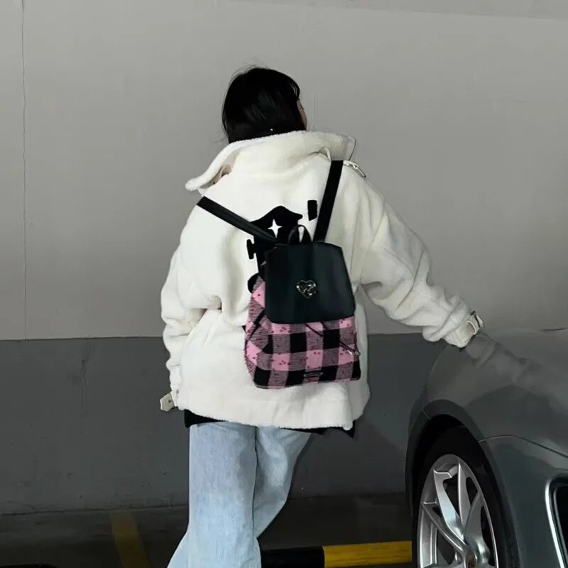 Japa Cavas Drawstrig Backpack Preppy Style Cute Plaid Prit Bag Studet Casual High Capacity Small Tote Bags For_voghion.com