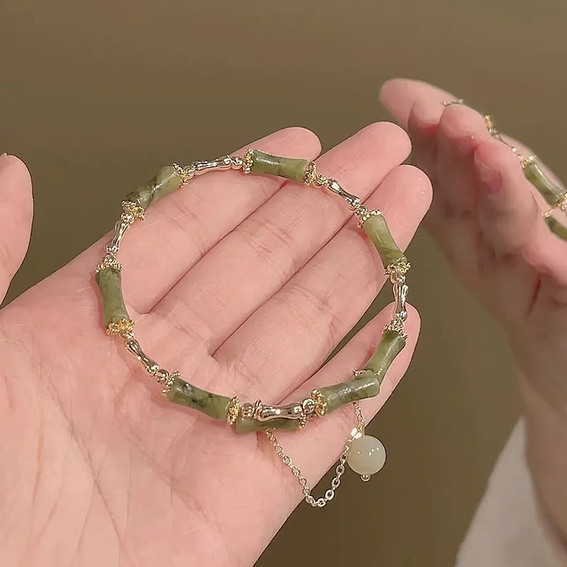Chinese Style Bamboo Joint Bracelet Retro Green Beaded Bangle_voghion.com