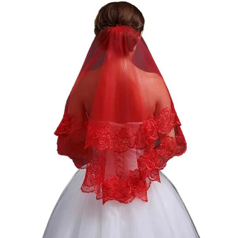 Hair Jewelry Classic Red Bridal Wedding Simple Long Lace Veil Headpiece For Women_voghion.com