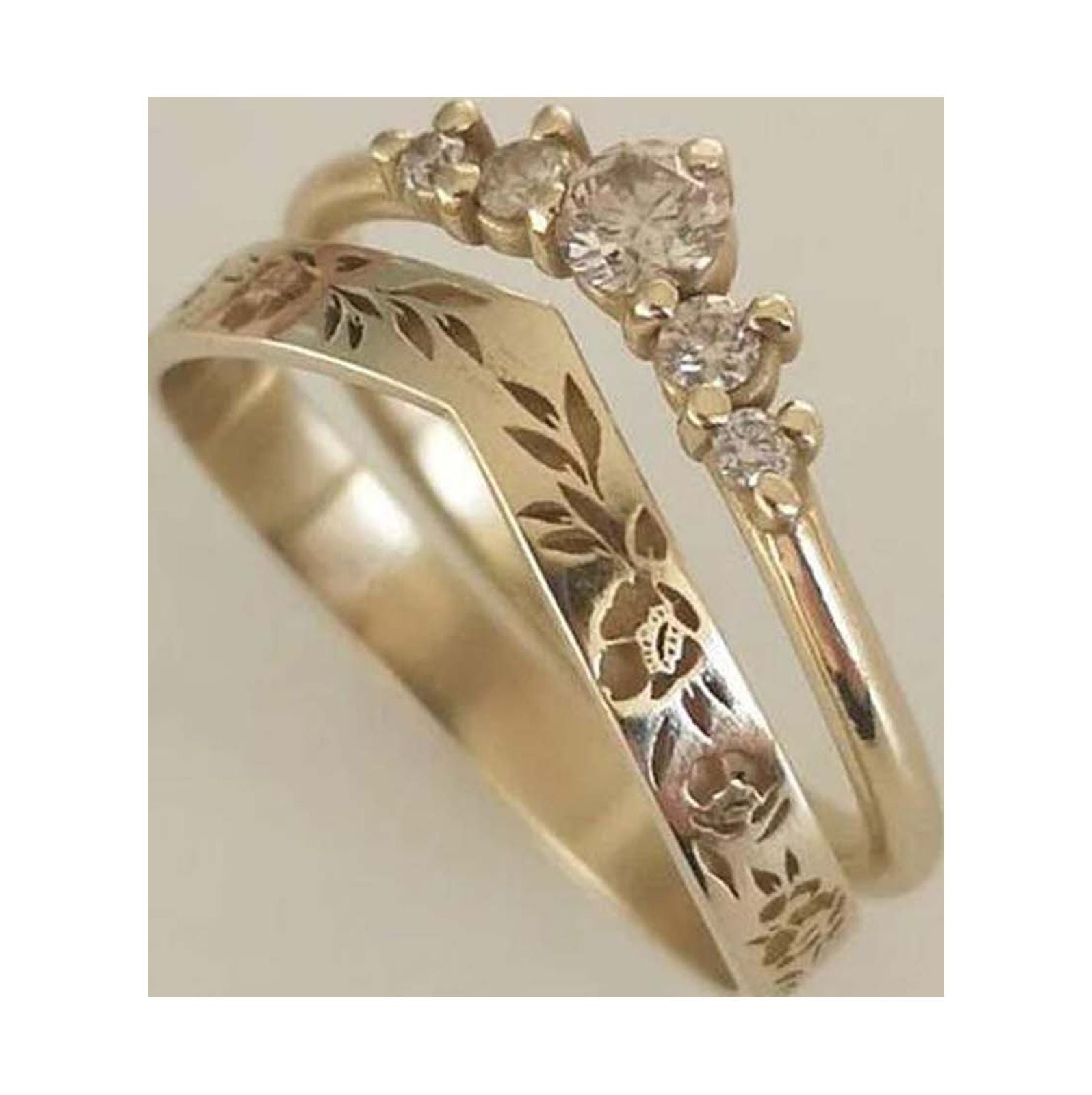 ab Ring Set, Vintage Style Floral Band Paired Diamond Ring, Elegant Wedding Ring,Anniversary Gift Her Rings Gifts for_voghion.com
