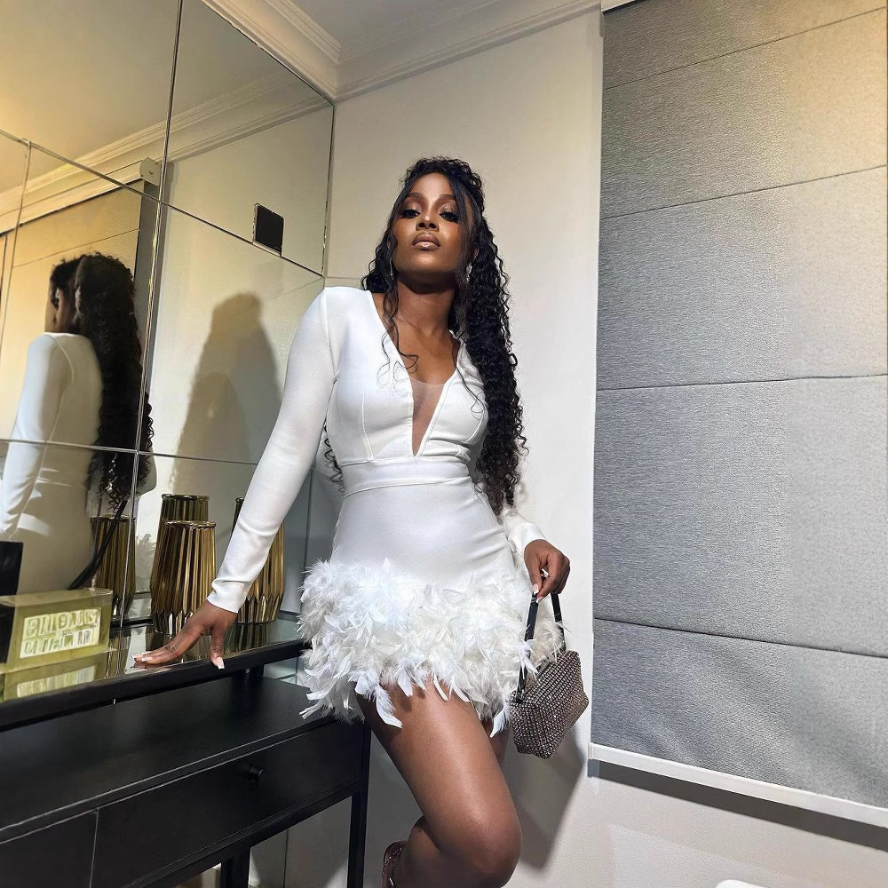 Women’s Clothing Spring And Summer New Women's Party Sexy Deep V Hip Feather Splicing Dress