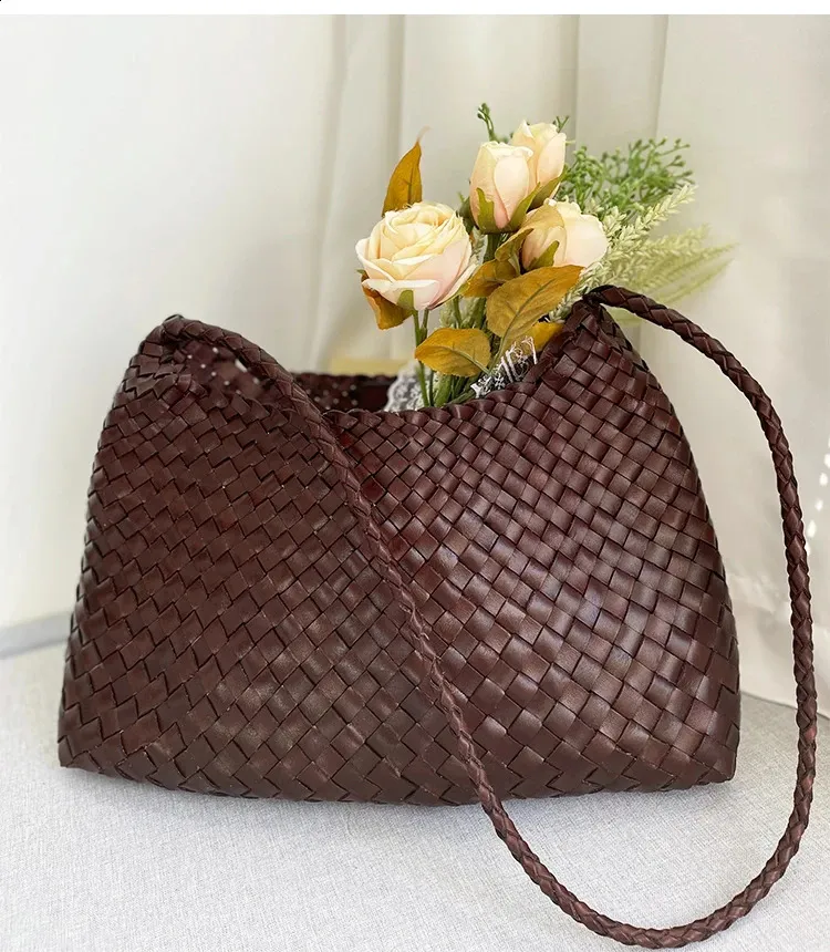 drago intrecciato panino strato superiore pelle bovina donna francese cestino fatto a mano vintage pelle borsa a tracolla tracolla grande capacità_voghion.com