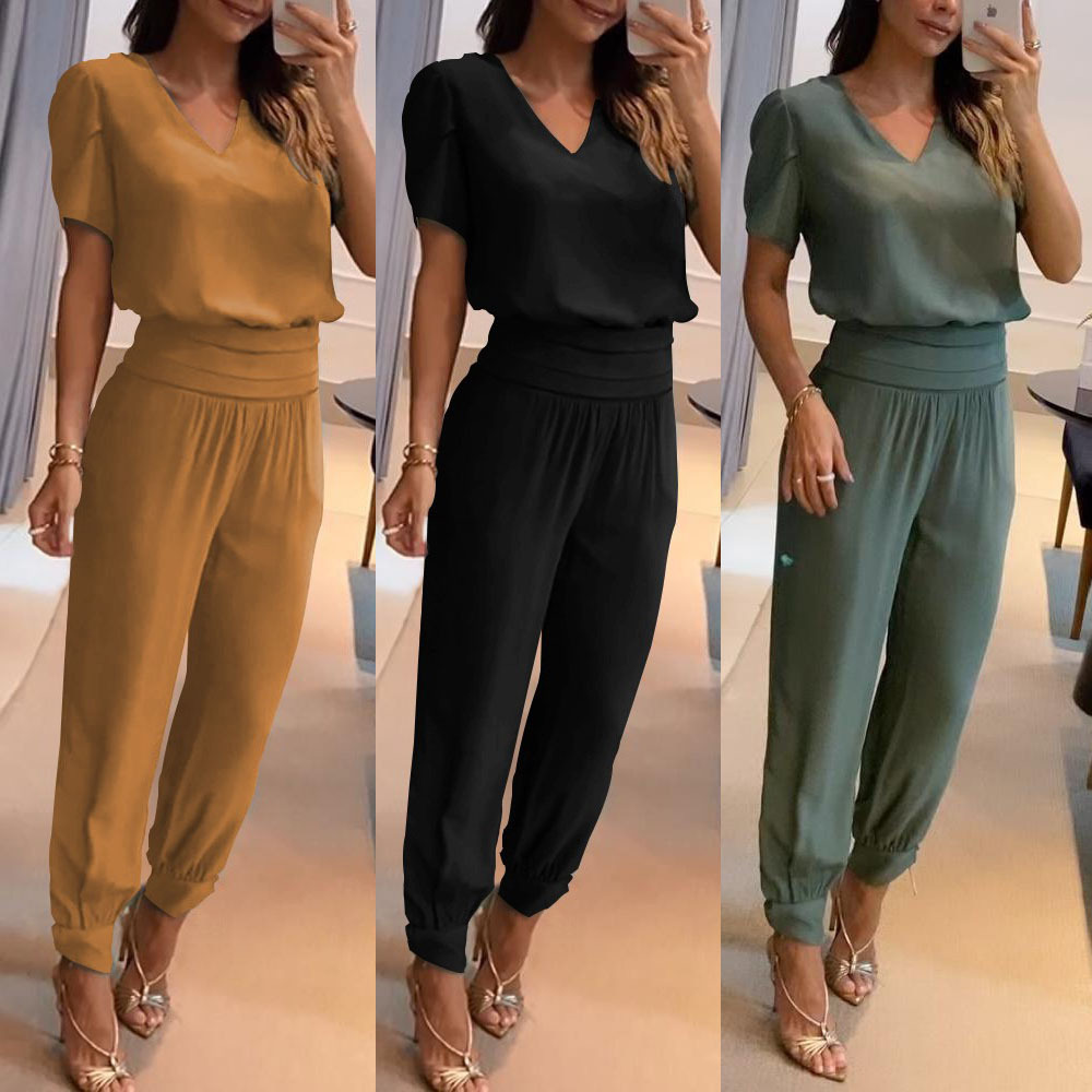 Ensemble deux pièces pour femmes, nouvelle mode et décontracté, col en v, imprimé, manches courtes, pantalon, deux pièces_voghion.com