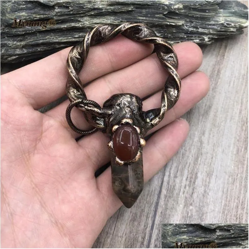 Natural Stone Pendant Necklace Large Hexagon Ocean Jasper Vintage_voghion.com