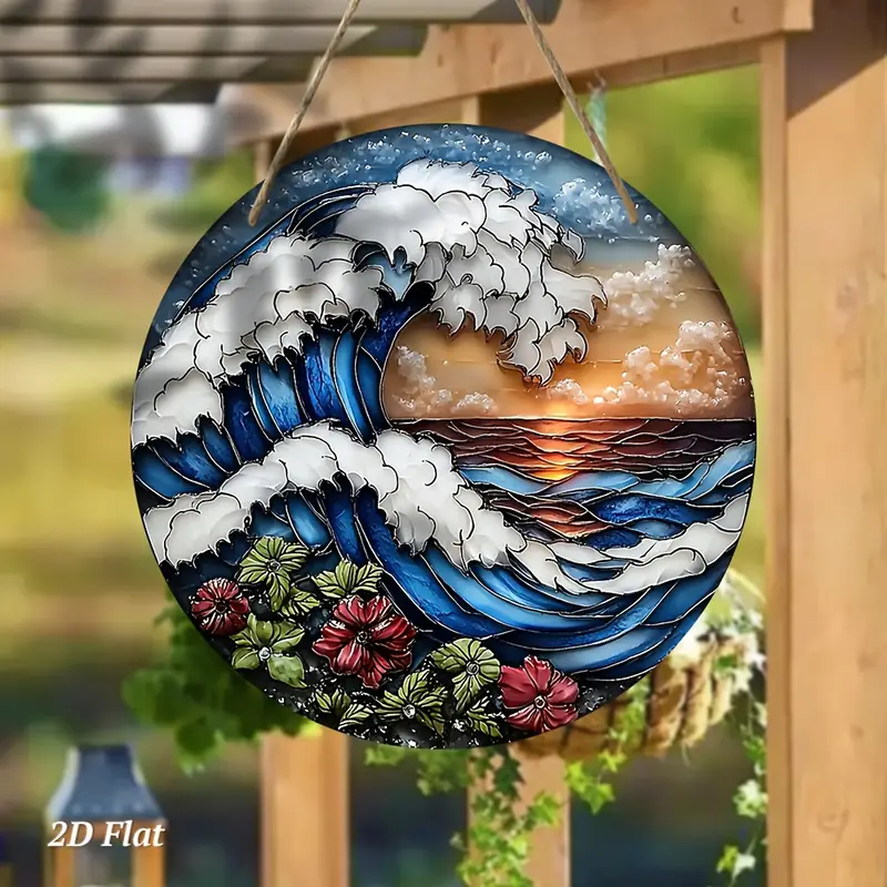 7.9in Ocean Wave Wooden Wall Art - Sunset & Floral Laser-Cut Design For Living Room & Office - Nautical Christmas/Birthday Gift_voghion.com