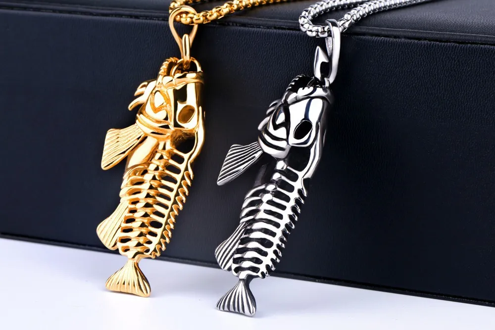 Collier pendentif squelette de poisson en os unisexe chaîne de surfeur bijoux de couleur argent_voghion.com
