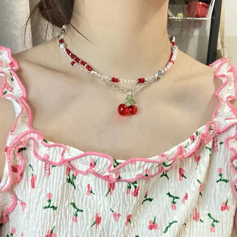 Collar con colgante de corazón y cereza mujer estilo y2k boho_voghion.com