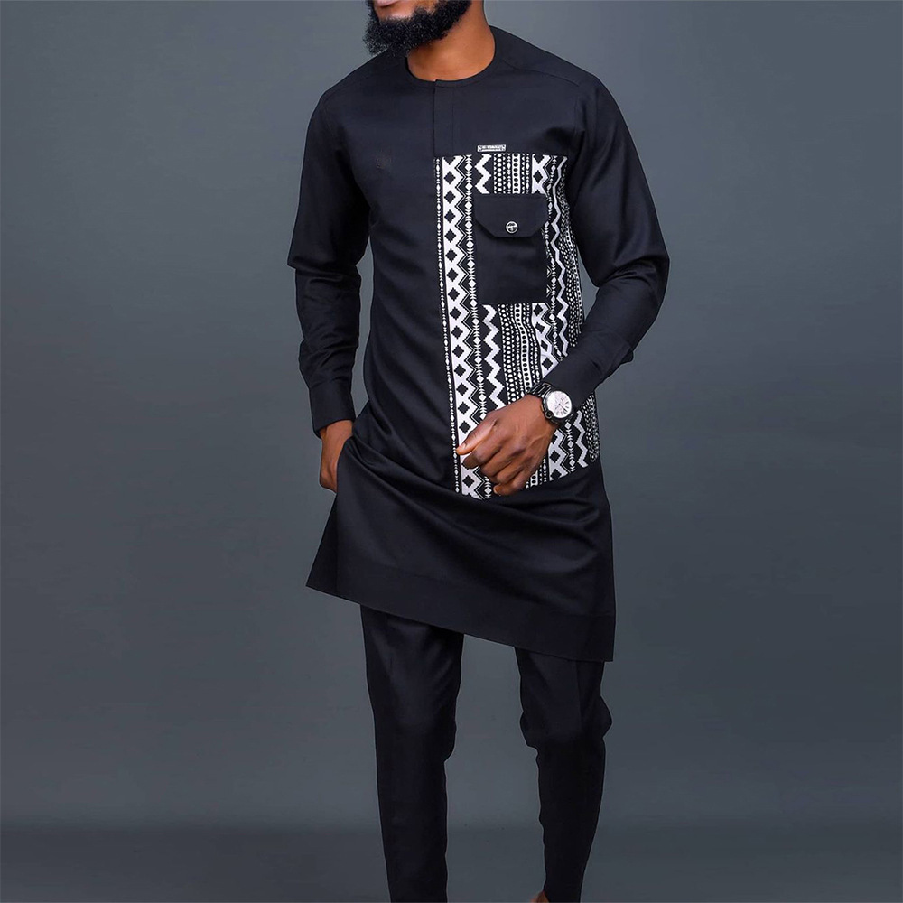 Vêtements pour hommes Nouveau costume de style ethnique pour hommes à col rond avec poche Design de costume noir