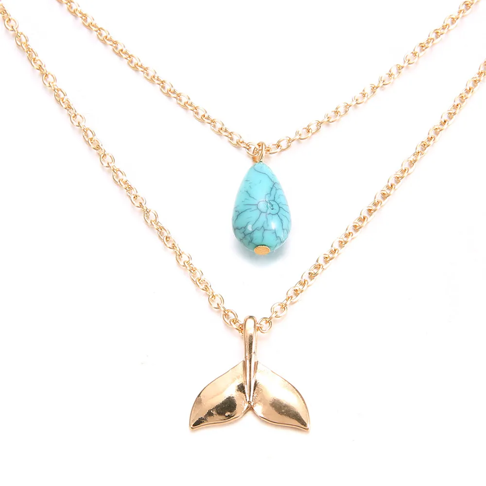 Layered Pendant Necklaces With Turquoise Fishtail Gold Chain Gift_voghion.com