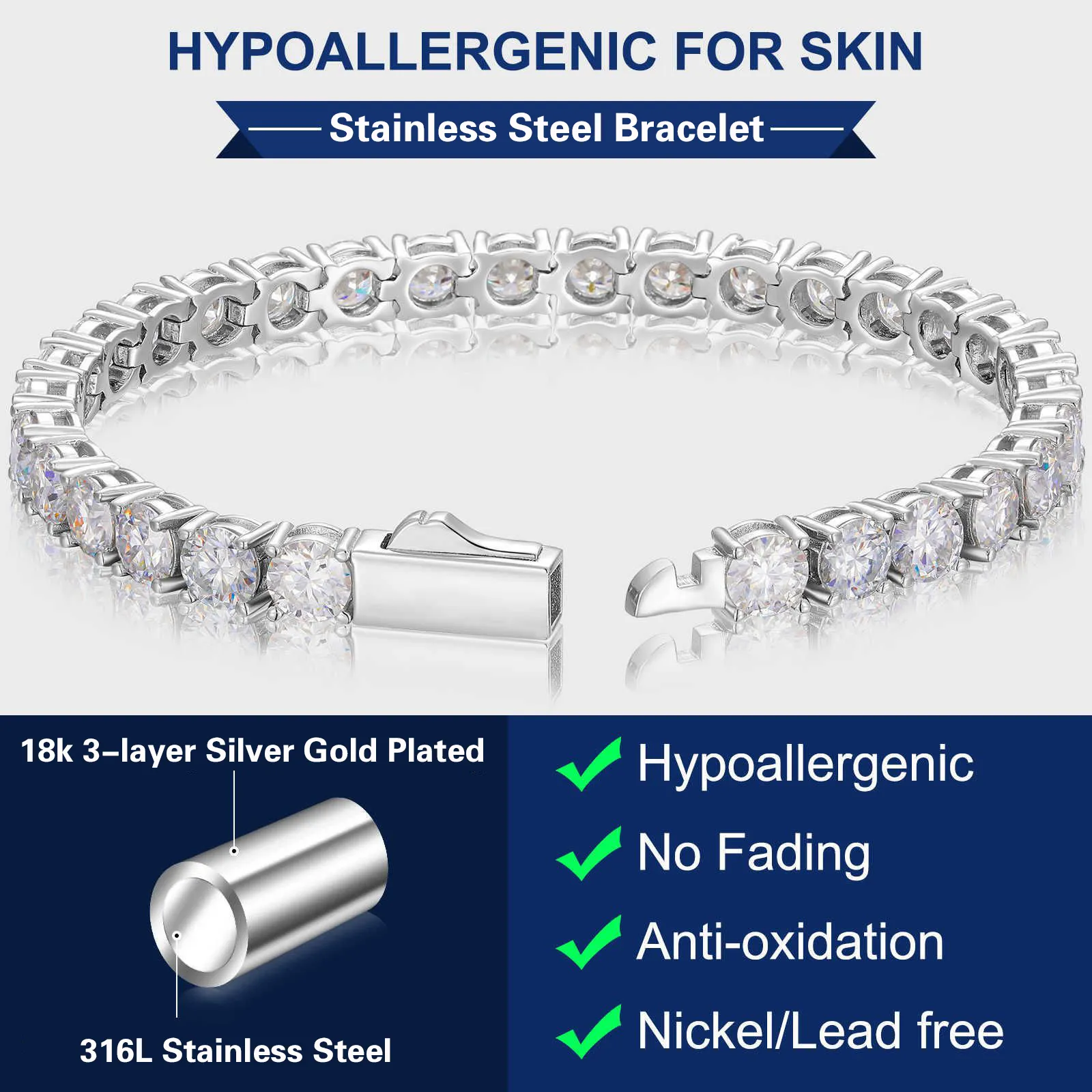designer Trendy Sier For Women Titanium Steel Width 3mm 4mm 5mm Tennis Bracelet Inlaid CZ Stone Dia Iced Out Chain_voghion.com