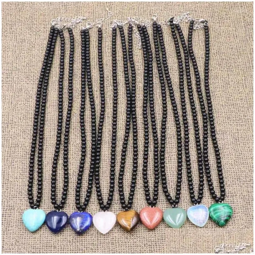 Pendant Necklaces Short Chain Heart Necklace Lapis Lazi Tiger Eyes Crystal Malachite Opal Aventurines Turquoises Stone_voghion.com