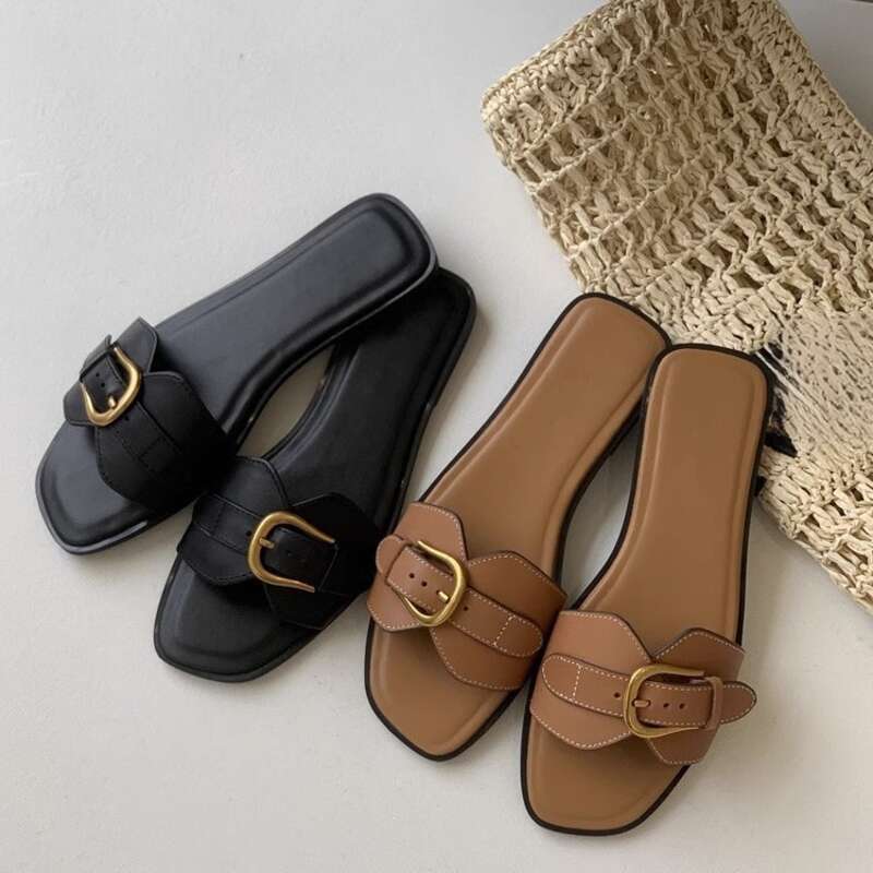 Französische flache Hausschuhe für Damen im Sommer 2024, neue beliebte Sandalen mit Schnalle für Loafer, lässige Strandschuhe_voghion.com