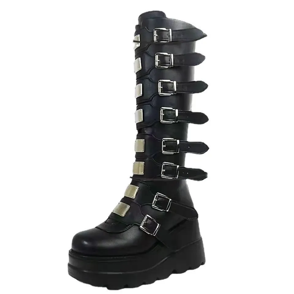 Botas góticas de plataforma até o joelho, estilo punk, pretas, sexy, para motociclistas, lançamento 2023, cosplay de Halloween 2024, sapatos Atos Mujer para mulheres._voghion.com