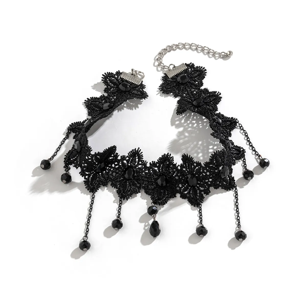 Ketten dunkler Stil Gothic Rose Blumenspitze Choker Halskette für Frauen Schwarz Acryl Tropfen Anhänger Quaste Kragen Lolita_voghion.com