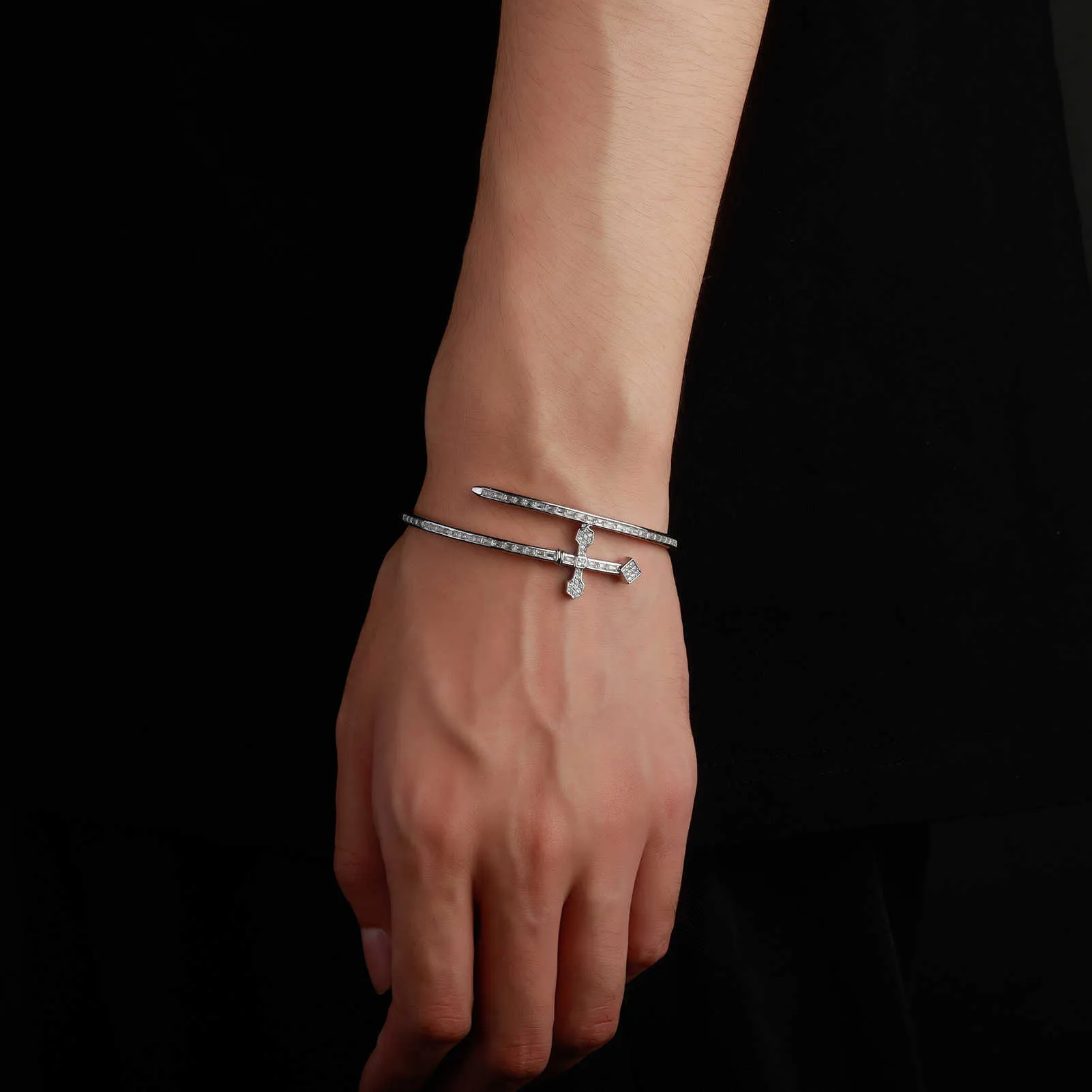 Sword Of Justice Symble Open Cuff Bangle Bracelet Ins Hip Hop Cross Green Purple Color AAA CZ Stone Shiny Cubic Zirconia_voghion.com