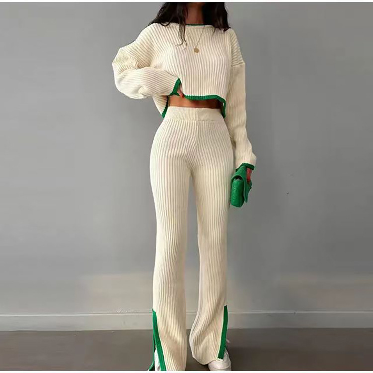 Women's Clothing fashionable temperament suit contrasting color knitted top + trousers two piece sweater set