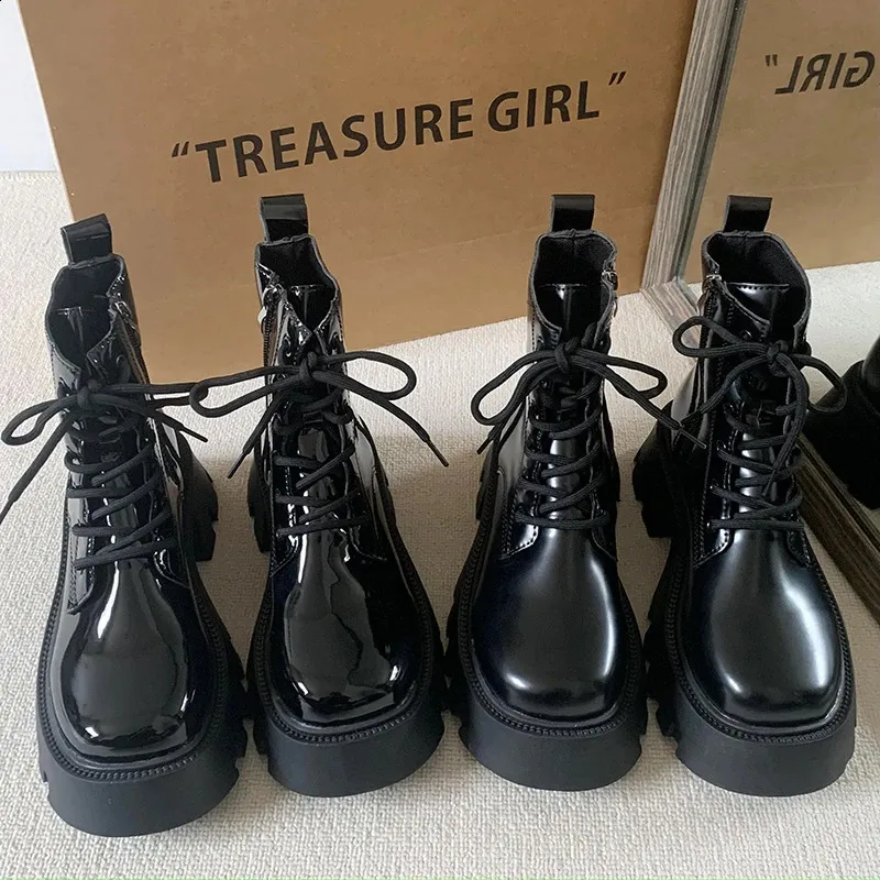 Patent Leather Platform Ankle Boots For Women Motorcycle Style_voghion.com