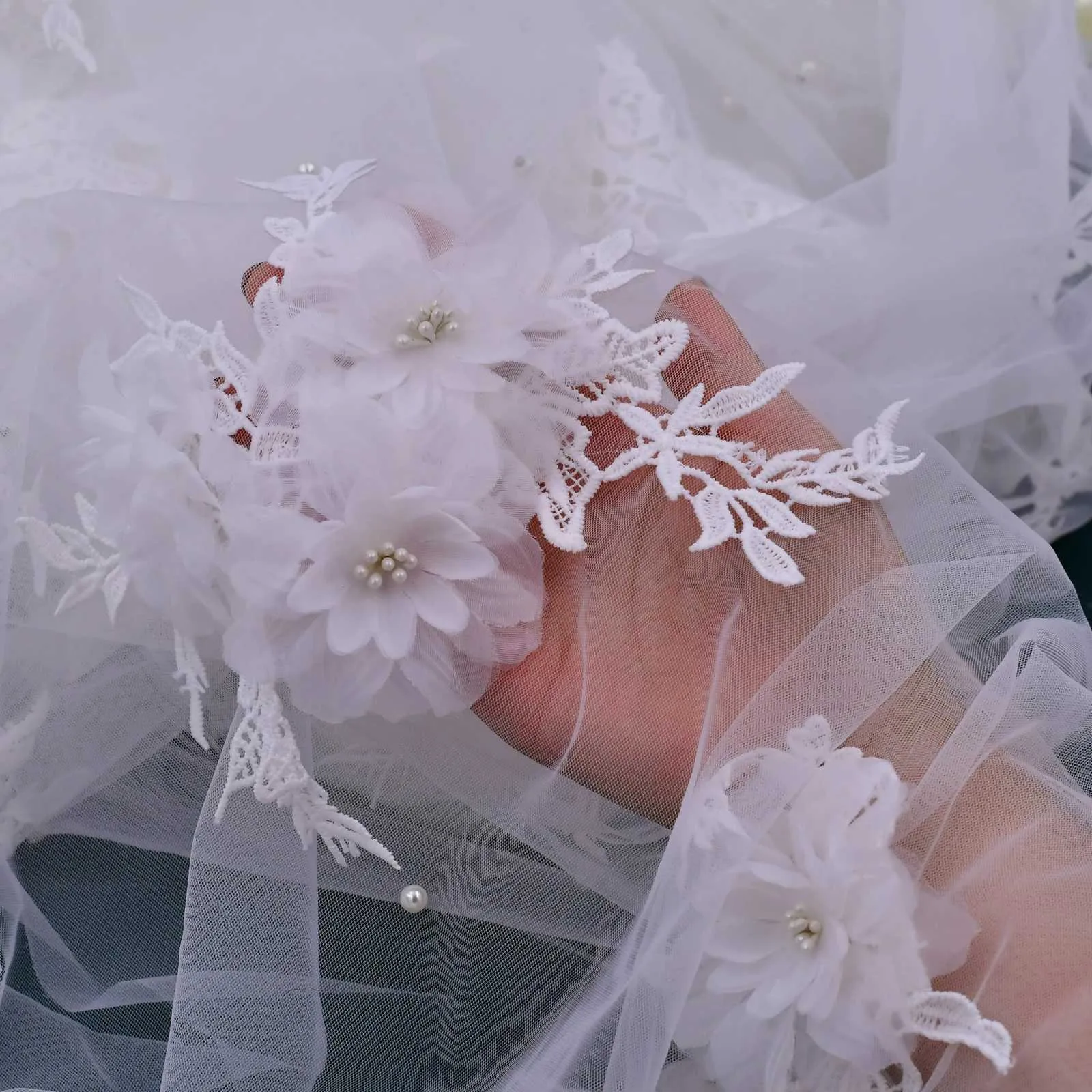 Hair Jewelry Super Pearls Beaded Wedding Veil 3D Flowers Long Cathedral Soft Bridal Illusion With Comb Bride Accessories_voghion.com