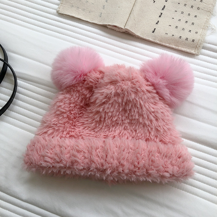 Autumn and Winter Cute Little Bear Plush Ear Protection for Children's Versatile Warmth Double Hair Ball Knitted Hat_voghion.com