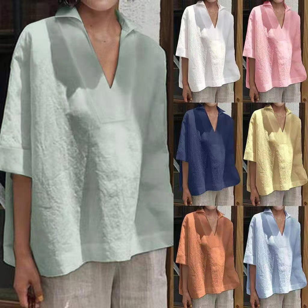 Women's V-neck cotton and linen all-match solid color large size loose mid-sleeve women's shirt_voghion.com