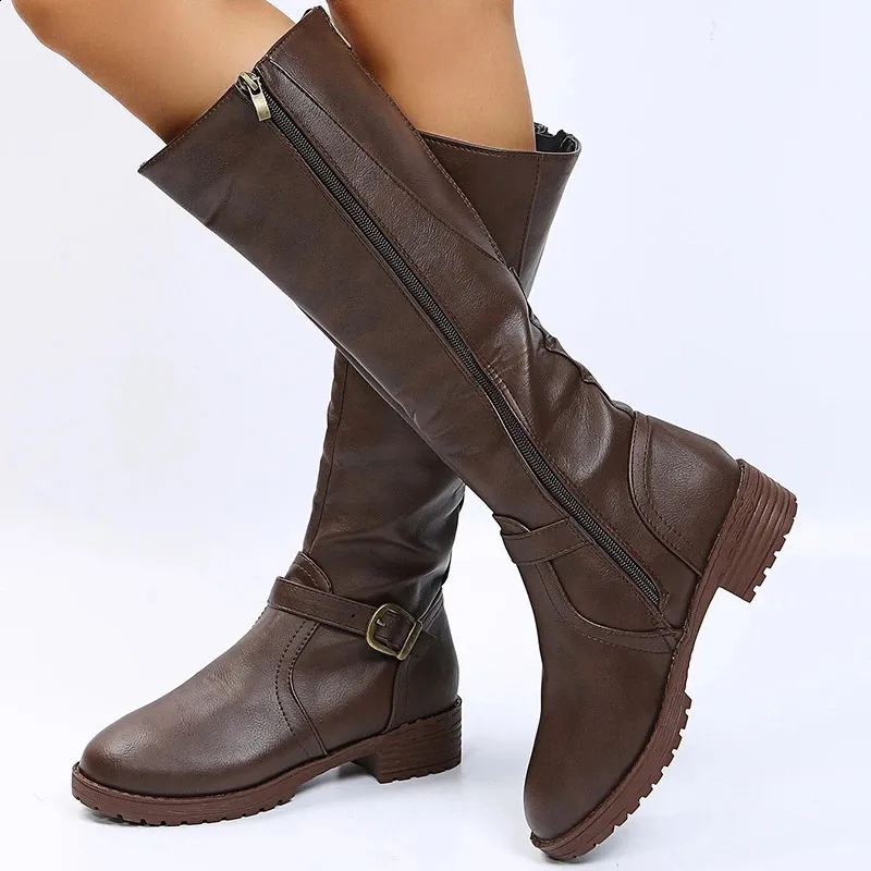 Retro Brown Knee High Large-sized Low Platform Long Autumn Pu Leather Zipper Womens Warm Boots 240911_voghion.com
