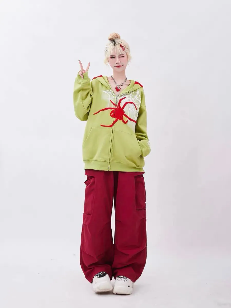 Designers Dark Monster Horns Spiders Webs Graphic Sweatshirt Loose Overiszed Zip Up Hoodie Gothic Y2K Kawaii Clothes Haruku Winter_voghion.com