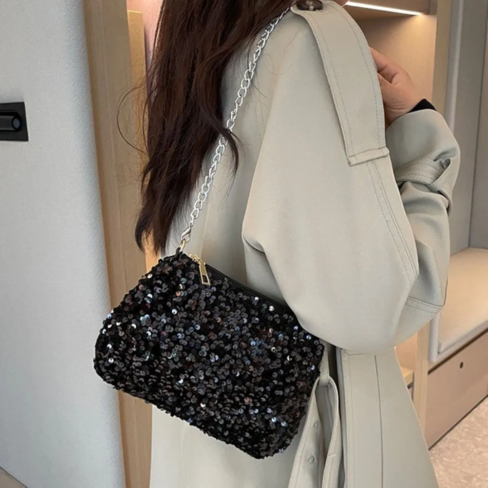 Borsa a tracolla con catena, tinta unita, stile coreano, con paillettes, per telefono, da sera, per cena e feste_voghion.com
