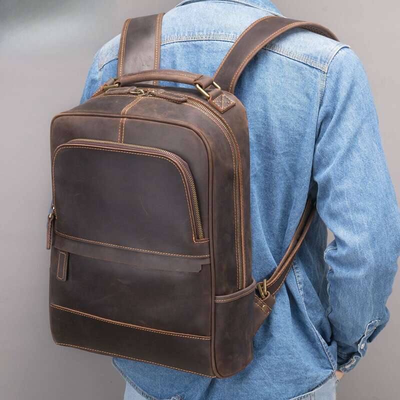 Leather Running Backpack, Large Capacity Cowhide Leather Travel Bag, Men's_voghion.com