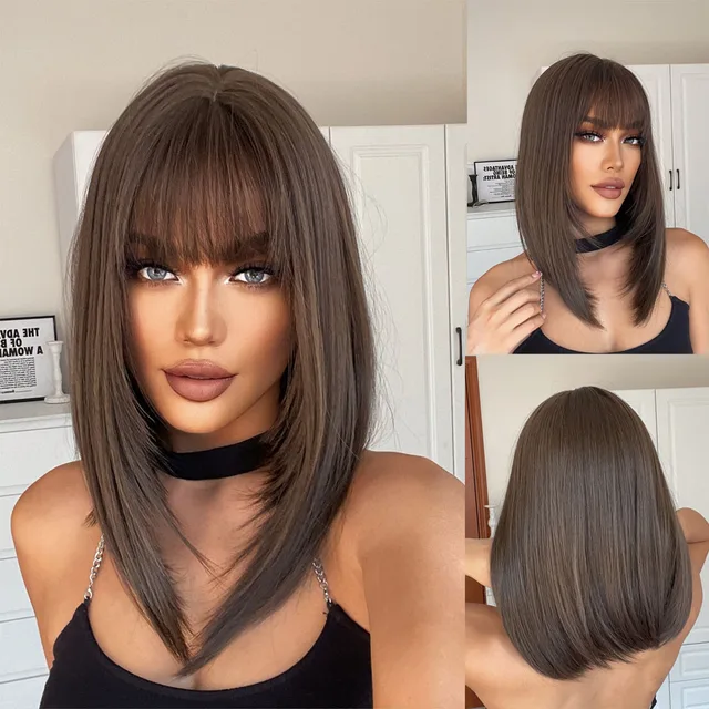 hot selling Straight Black Bob Synthetic with Bangs Medium Long Cosplay Layered Wigs for Woman Natural Hair Daily Wig Heat Resistant_voghion.com