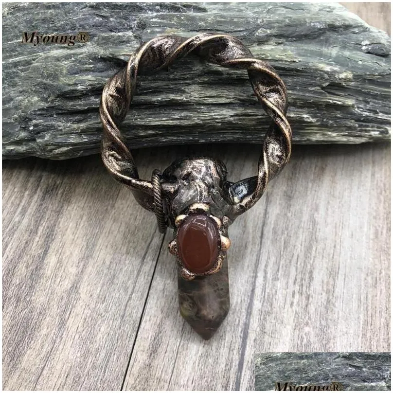 Natural Stone Pendant Necklace Large Hexagon Ocean Jasper Vintage_voghion.com