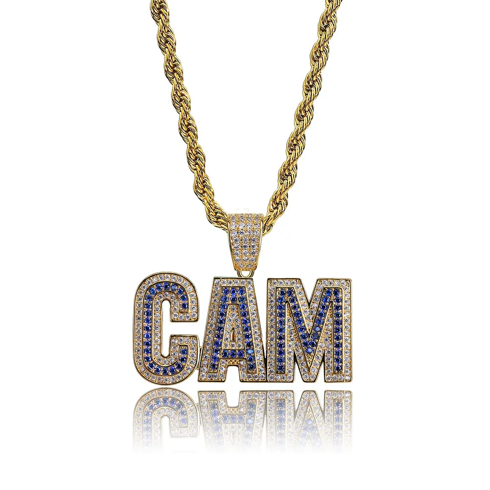 et collier avec pendentif initial CAM en zircone cubique plaqué or blanc, bijoux de rappeur hip-hop, cadeaux pour hommes et femmes_voghion.com