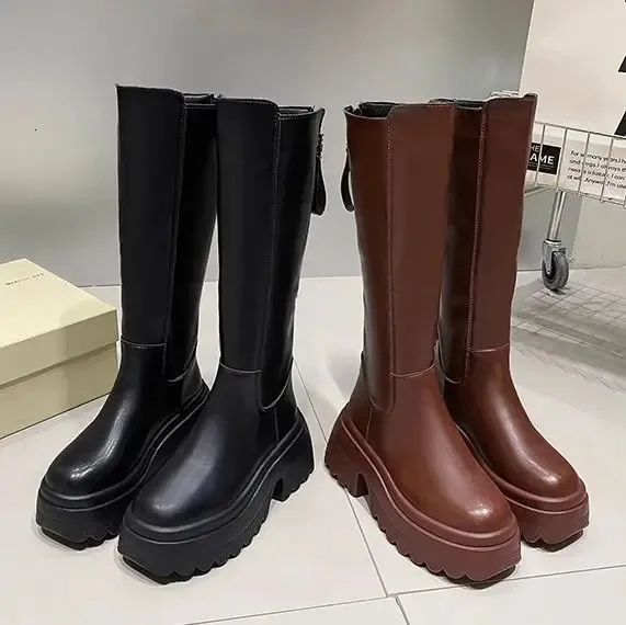 Knee High Platform Boots Women Retro Punk Style Leather Booties_voghion.com
