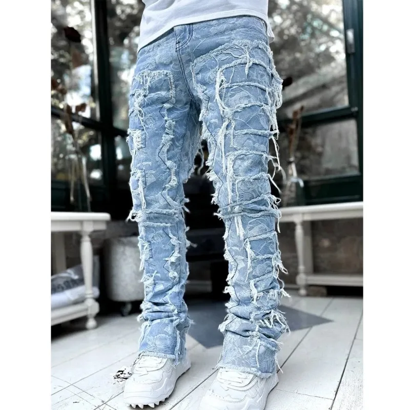 E15E Herren Stacked Jeans Fit Zerrissene Destroyed Gerade Jeanshose Vintage Hip Hop Hose Streetwear 240415_voghion.com