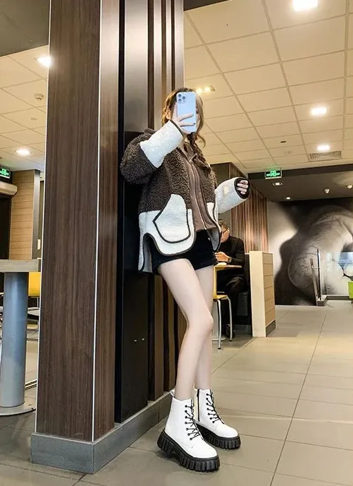 Mit Schnürsenkeln Biker Elegante Medium Heels Kurze Schuhe für Frau Combat Plateau Weiße Booties Schuhe Chunky Wasserdicht_voghion.com