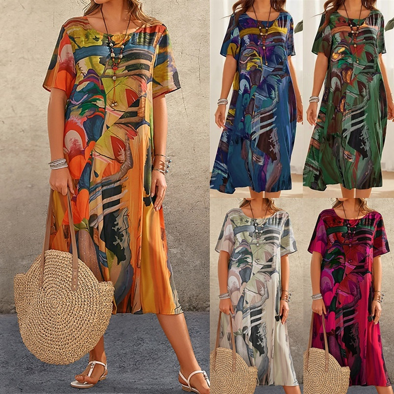  Robe imprimée décontractée pour femmes, manches courtes, taille, col rond, robe de plage ample, été_voghion.com