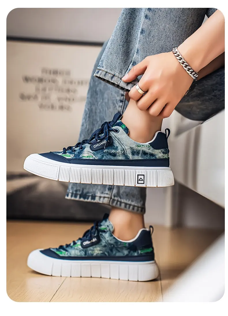 Washed Denim Board Shoes With Camouflage Print For Men_voghion.com