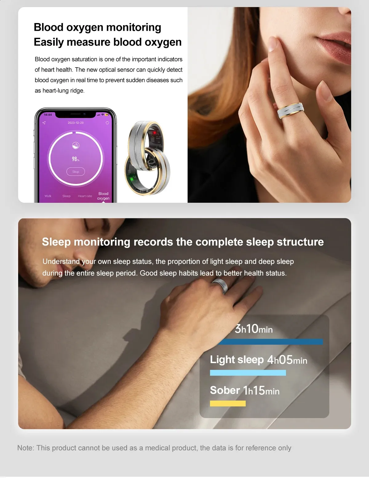 Smart Bracelet Heart Rate Monitoring Waterproof Blood Oxygen Sleep Sport Health Tracker Finger Digital Ring 240730_voghion.com
