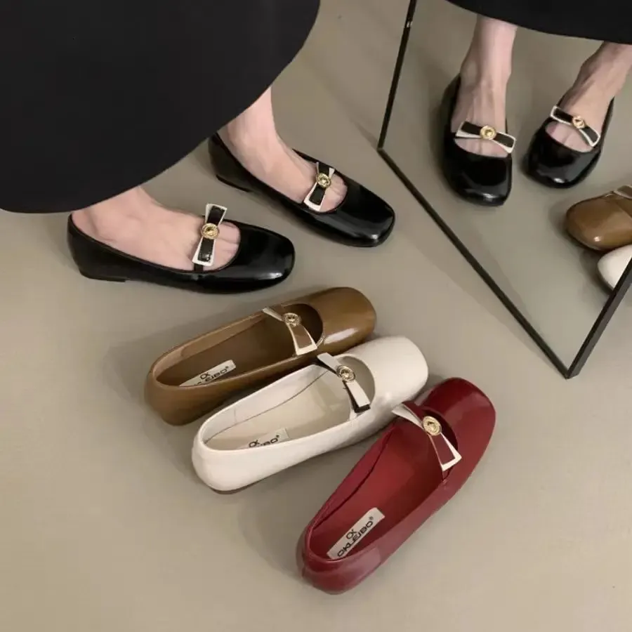 Patent Leather Bowtie Ballet Flats For Women Square Toe Shoes_voghion.com