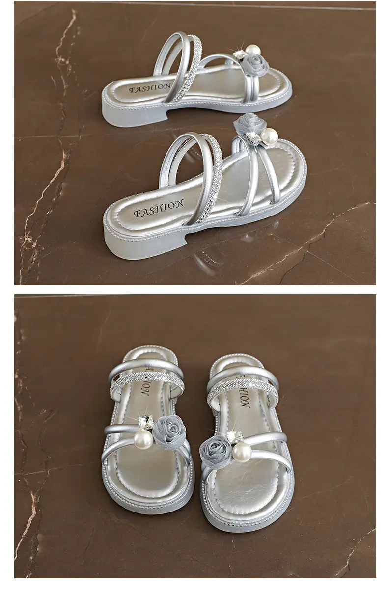 Elegant Women's Pearl Rhinestone Flat Sandals Low Block Heel Slide_voghion.com
