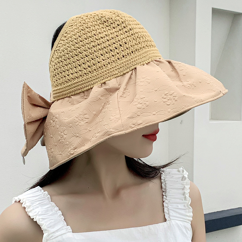 Sun Visor Hat For Women Wide Brim Straw Beach Hat With Bow_voghion.com