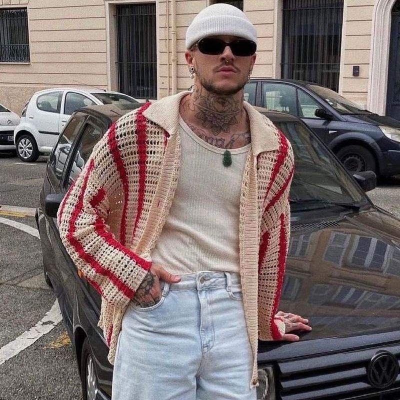 Men's clothing patchwork color knitted cardigan lapel coat all-match sweater_voghion.com