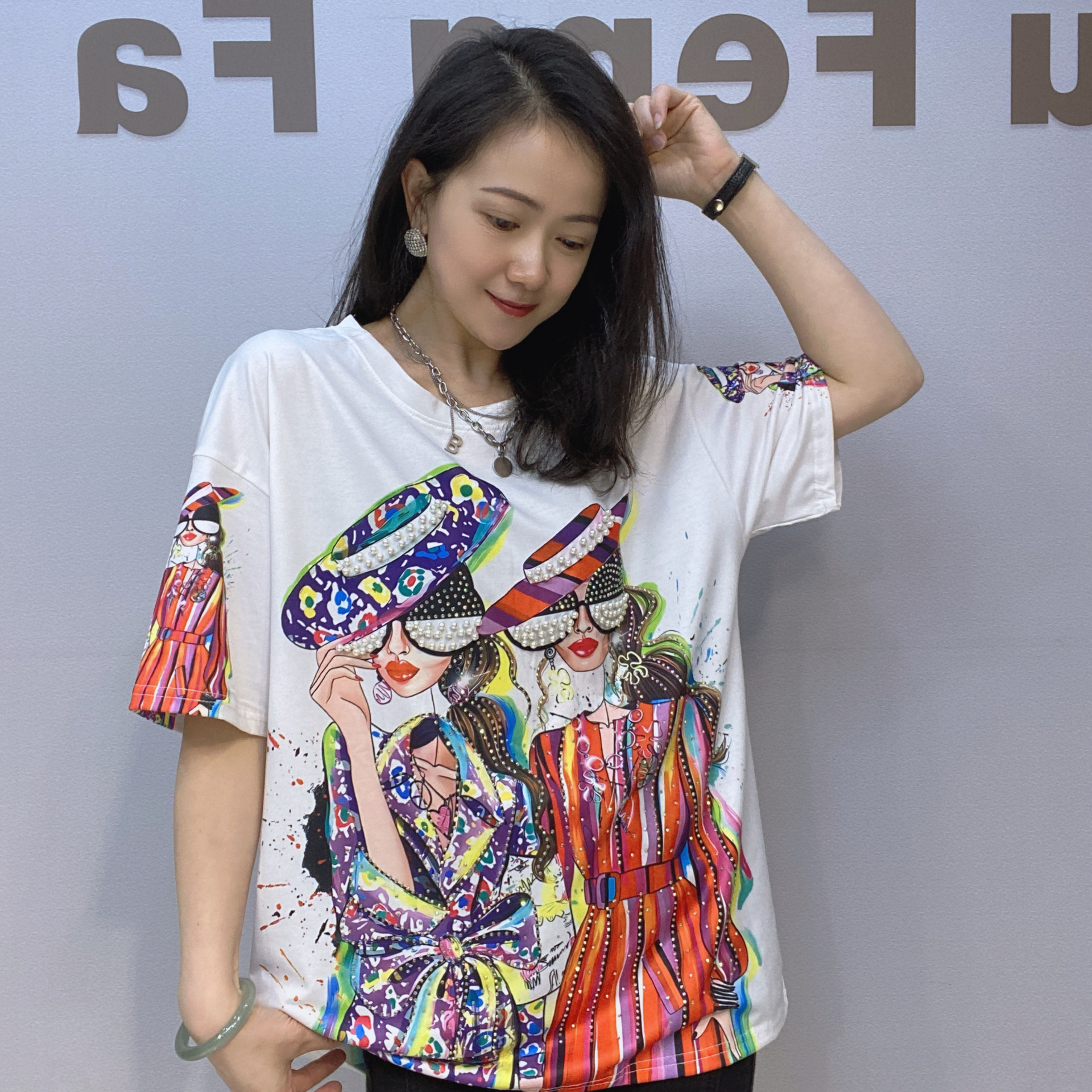 Women's Clothing Round Neck Pullover Loose Short Sleeved T Shirt Female Summer 3d Printing Fashion Beaded Short Sleeved Top