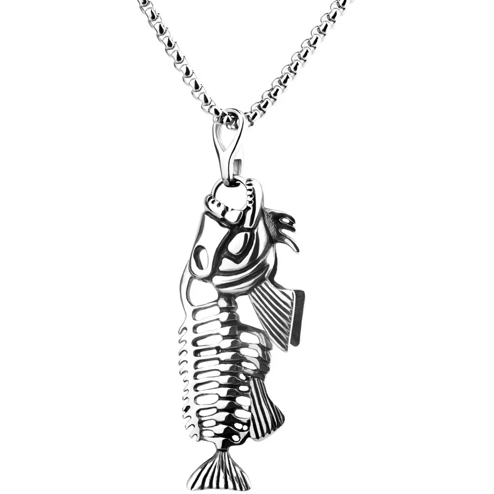 Collier pendentif squelette de poisson en os unisexe chaîne de surfeur bijoux de couleur argent_voghion.com