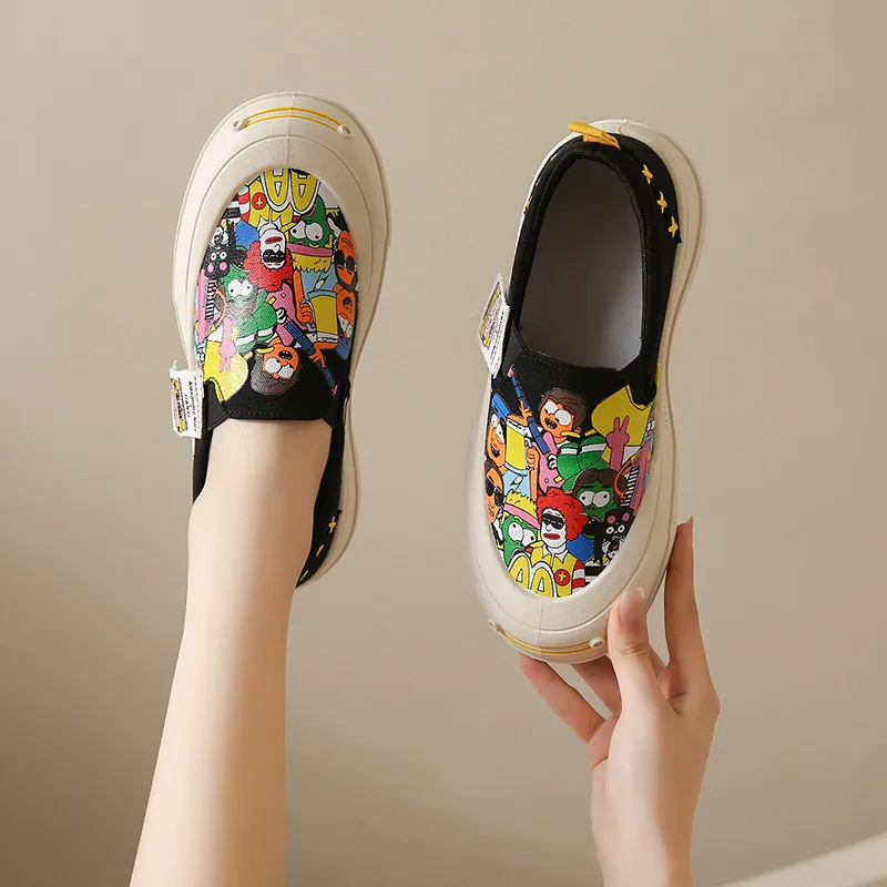Thick Soled Shallow Mouthed Cartoon Printed Skateboard Shoes With Breathable And Comfortable Mesh Fabric For Casual Wear_voghion.com