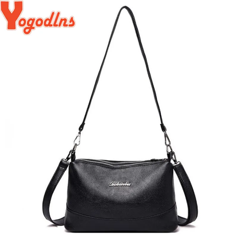 Borsa a tracolla da donna in morbida pelle PU con doppia tasca Yogodlns, con due tracolle, nera_voghion.com